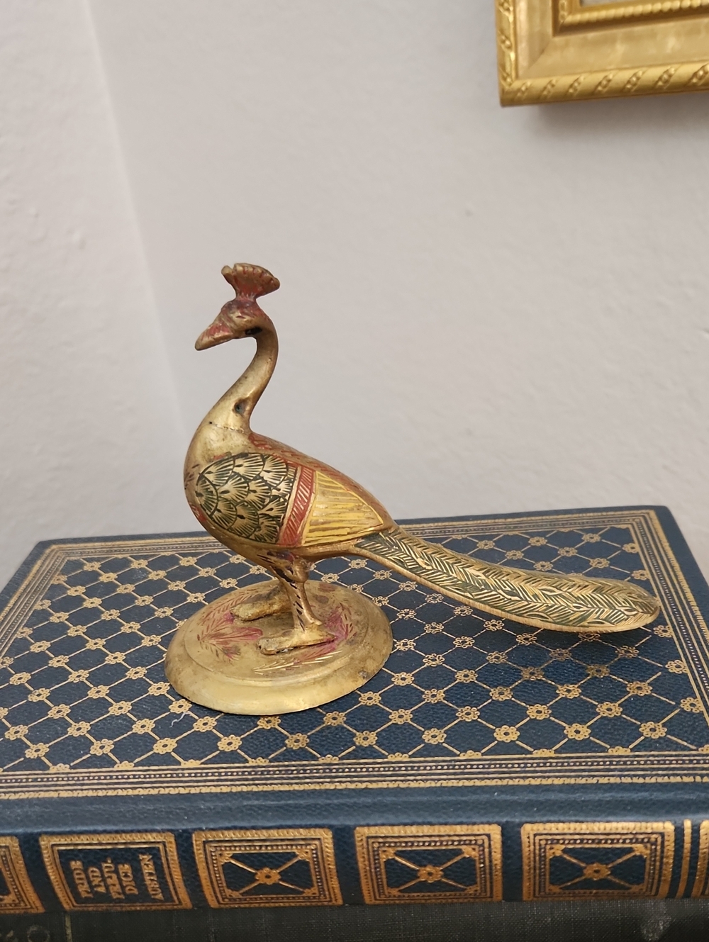 Vintage MCM Brass Peacock Figurine  Red Black Yellow Accents Made In INDIA